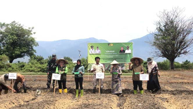 
					Simbolis penanaman bawang merah oleh Sekretaris Daerah Kota Palu, Irmayanti Pettalolo didampingi Dinas Pertanian Kota Palu serta pihak terkait di kawasan Kawatuna Kota Palu. //FOTO:GINDA