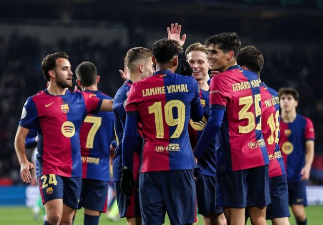 
					Saat pemain Barcelona merayakan gol. FOTO: X (Barcelona).