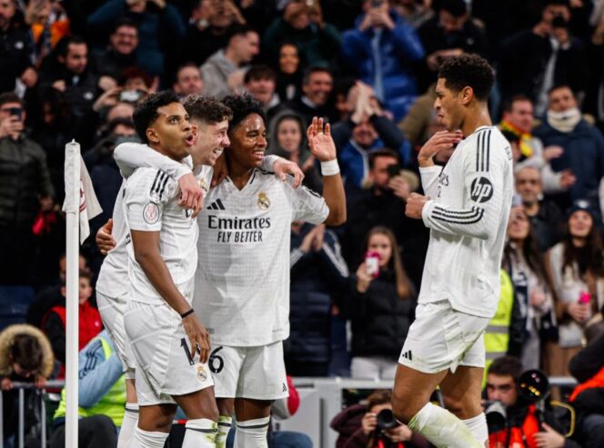 
					Saat Pemain Real Madrid merayakan Gol. FOTO: X (Real Madrid).