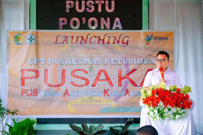
					Bupati Morut, Dr. dr. Delis J. Hehi, MARS saat menyampaikan sambutan saat meluncurkan program pusaka di pustu Desa Po’ona, Kecamatan Lembo Raya. FOTO: istimewa