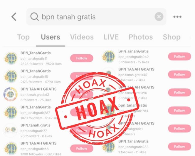 
					Tangkapan layar sejumlah akun TikTok palsu yang mengatasnamakan “BPN Tanah Gratis”. Kementerian ATR/BPN menegaskan akun-akun tersebut hoaks dan meminta masyarakat hanya mengakses informasi melalui kanal resmi. (Dok. Istimewa)