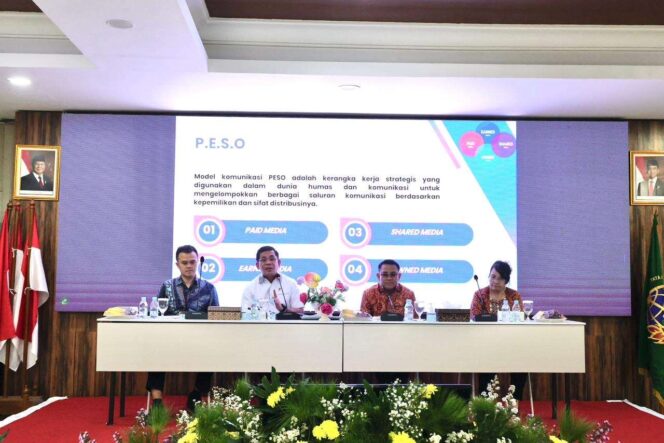 
					Kepala Biro Humas dan Protokol Kementerian ATR/BPN, Harison Mocodompis (kedua dari kiri), memaparkan model strategi komunikasi P.E.S.O (Paid, Earned, Shared, Owned Media) dalam kegiatan Sosialisasi dan Evaluasi Implementasi Strategi Komunikasi dan Pengelolaan Pengaduan di Kantor Wilayah BPN Provinsi Banten, Selasa (14/10/25). FOTO: istimewa