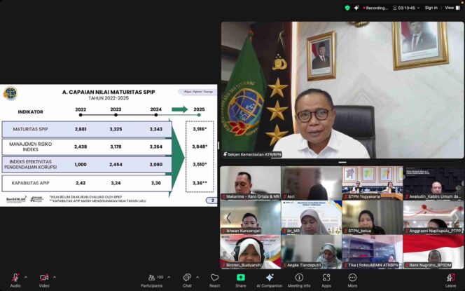 
					Sekjen Kementerian ATR/BPN, Pudji Prasetijanto Hadi, saat memberikan sambutan dalam kegiatan Ekspos Hasil Penilaian Mandiri Maturitas SPIP Tahun 2025 yang digelar secara daring, Rabu (15/10/25). FOTO: istimewa