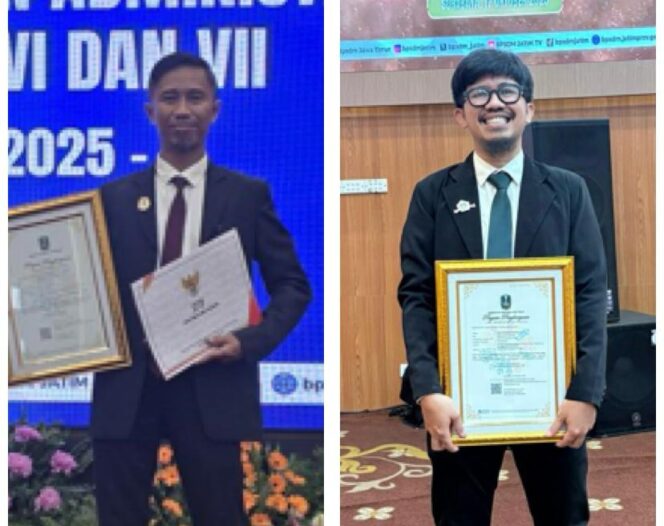 
					Dua aparatur sipil negara (ASN) asal Kabupaten Donggala, Arief Budiman, S.H., M.M. (kiri) dan Iskandar Dinata, S.Ip., M.Ap. (kanan), menerima piagam penghargaan sebagai peraih peringkat tiga terbaik dalam Pelatihan Kepemimpinan Administrator (PKA) Angkatan VI dan Pelatihan Kepemimpinan Pengawas (PKP) Angkatan XIV Tahun 2025 yang digelar BPSDM Provinsi Jawa Timur di Surabaya. FOTO: istimewa