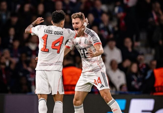 
					Dua pemain Bayern Munich merayakan gol ke gawang Paris Saint-Germain pada laga Liga Champions di Parc des Princes, Rabu (5/11/2025). Luis Diaz menjadi bintang kemenangan Bayern lewat dua golnya di babak pertama. FOTO: (IG) Bayer Munich