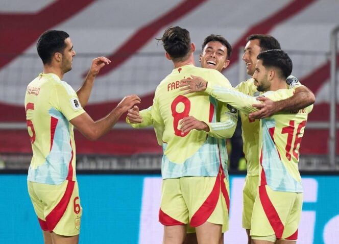 
					Para pemain Spanyol merayakan gol ke gawang Georgia pada laga Kualifikasi Piala Dunia 2026 Zona Eropa Grup E, pada Minggu (16/11/25), dini hari WIB. FOTO: (IG) @sefutbol