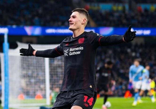 
					Penyerang Bayer Leverkusen merayakan gol ke gawang Manchester City pada laga matchday kelima Liga Champions di Etihad Stadium. FOTO: (IG) bayer04fussball