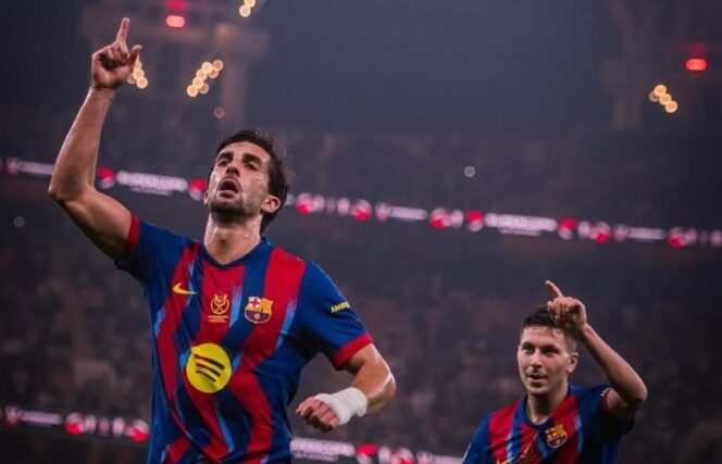 
					Pemain Barcelona merayakan gol dengan penuh emosional saat menghadapi Athletic Bilbao pada laga semifinal Piala Super Spanyol di King Abdullah Sports City, Jeddah, Kamis (08/01/26) dini hari WIB. FOTO: (IG) barcelona