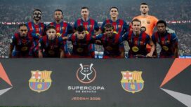 Para pemain Barcelona berpose sebelum laga final Piala Super Spanyol 2026 di Kota Olahraga Raja Abdullah, Jeddah. FOTO: (IG) fcbarcelona