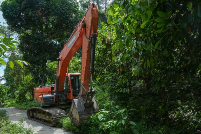 
					Alat berat dikerahkan Pemerintah Provinsi Sulawesi Tengah untuk membersihkan material longsor dan membuka akses jalan yang terputus akibat banjir di Desa Wani, Kabupaten Donggala. FOTO: istimewa