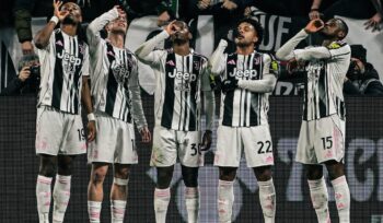 Pemain Juventus melakukan selebrasi setelah mencetak gol ke gawang Napoli pada laga Serie A di Allianz Stadium, Turin. FOTO: (IG) @juventus